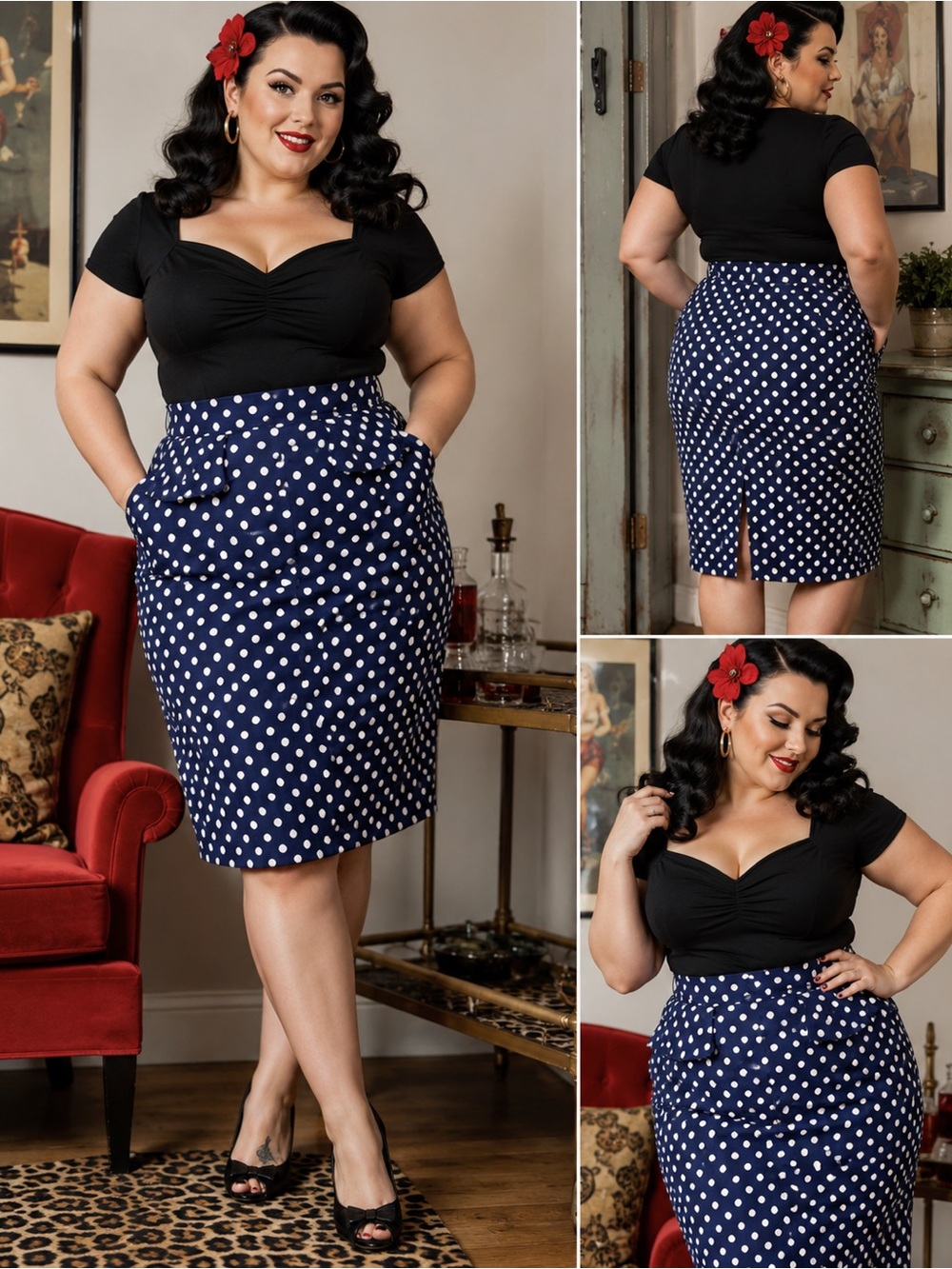 Grace Karin Navy White Polka Dot Pencil Skirt Ruffle Waist Retro Pin Up 14
